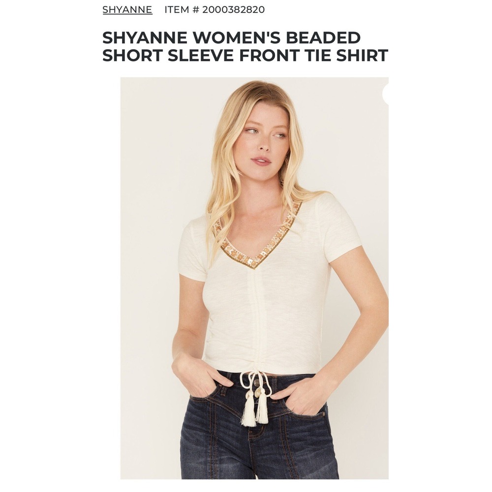SHYANNE WOMEN'S BEADED SHORT SLEEVE FRONT TIE SHIRT size XS